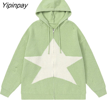Yipinpay Women's Sweater Hoodies Cardigans Star Knit Long Sleeve Top Oversized Winter Coats Korean Fashion Jumper Y2k Streetwear Clothes
